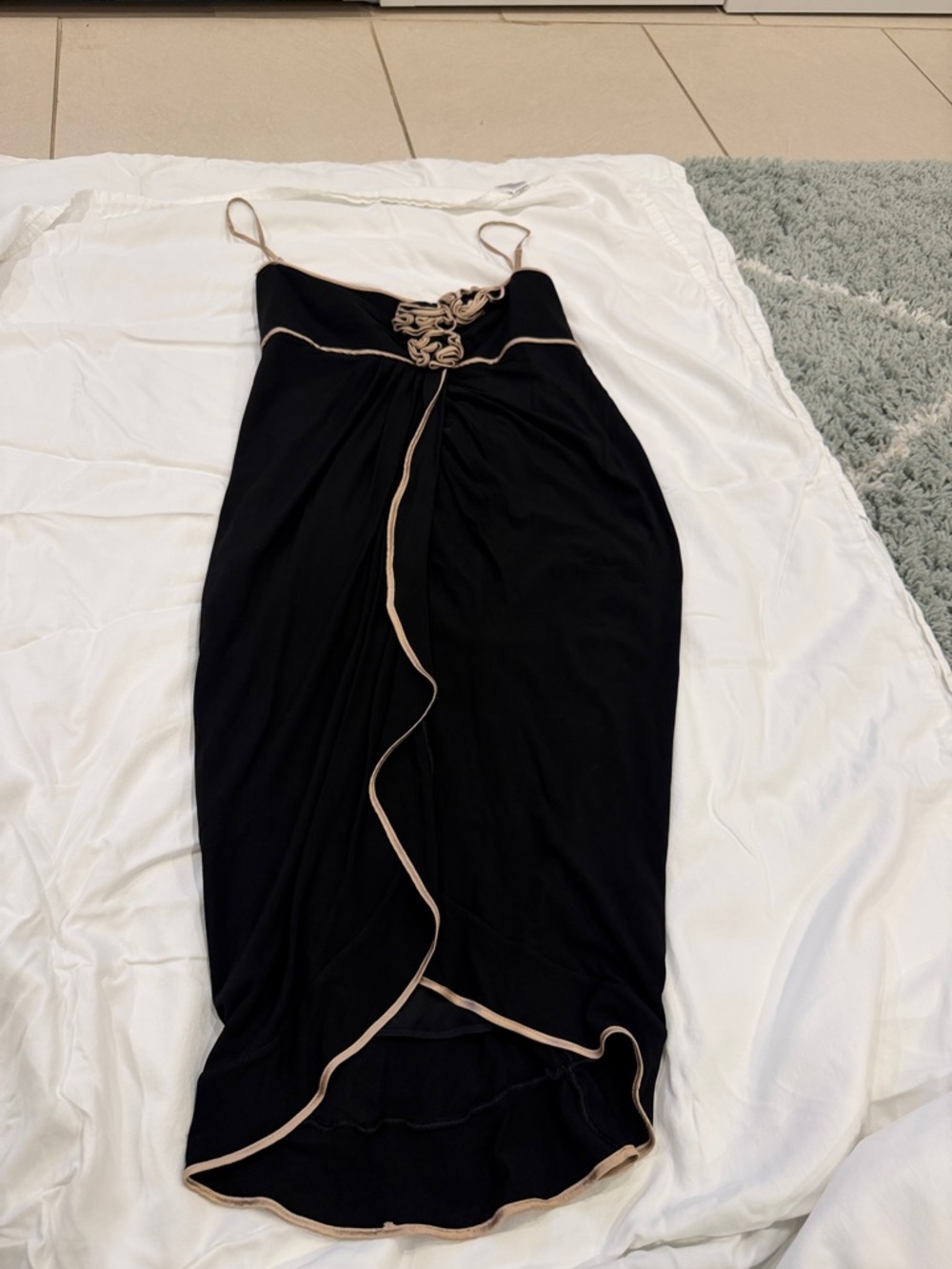 BCBGMaxAzria Black Dress with Beige Trim and Rosette Detail